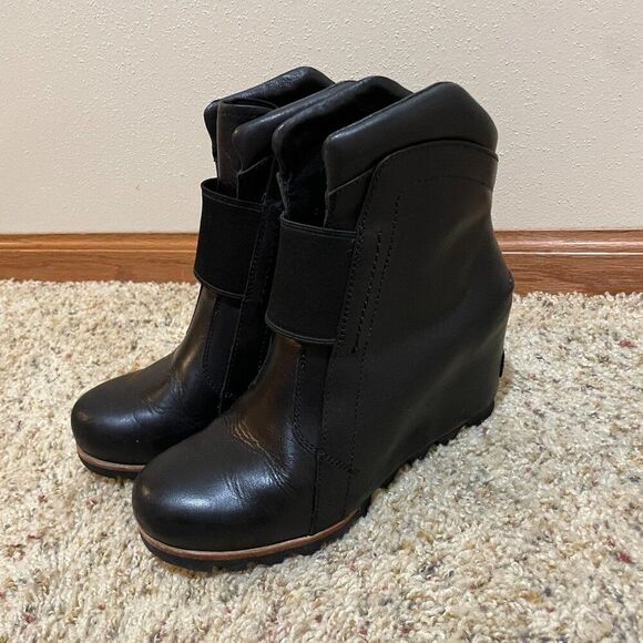 Sorel Size 7 Fiona Wedge Lux Leather Ankle Boots Black Pull On - Picture 2 of 16